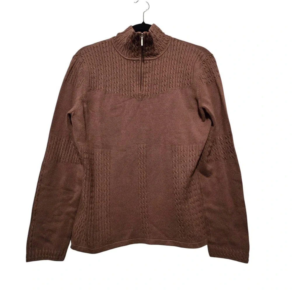 NILS Women Cable Knit Sweater LG 1/4 Zip Mock Neck Light Brown Stretch Apres Ski
